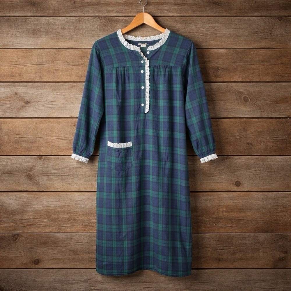 Vintage Tog Shop Plaid Cotton‎ Nightgown Prairie Cottagecore Lace Trim Medium